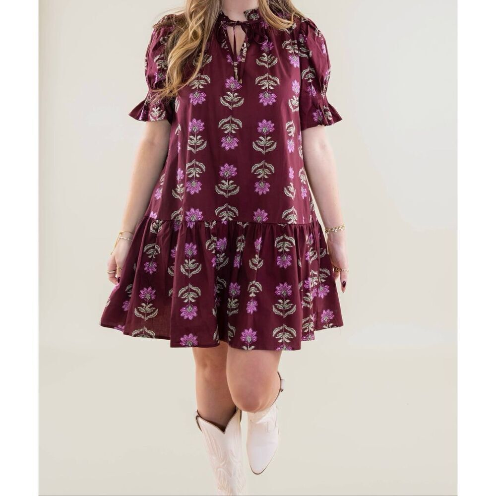 Entro Women’s Burgundy Floral Puff Sleeve Tie Front Dress Sz Lg NEW